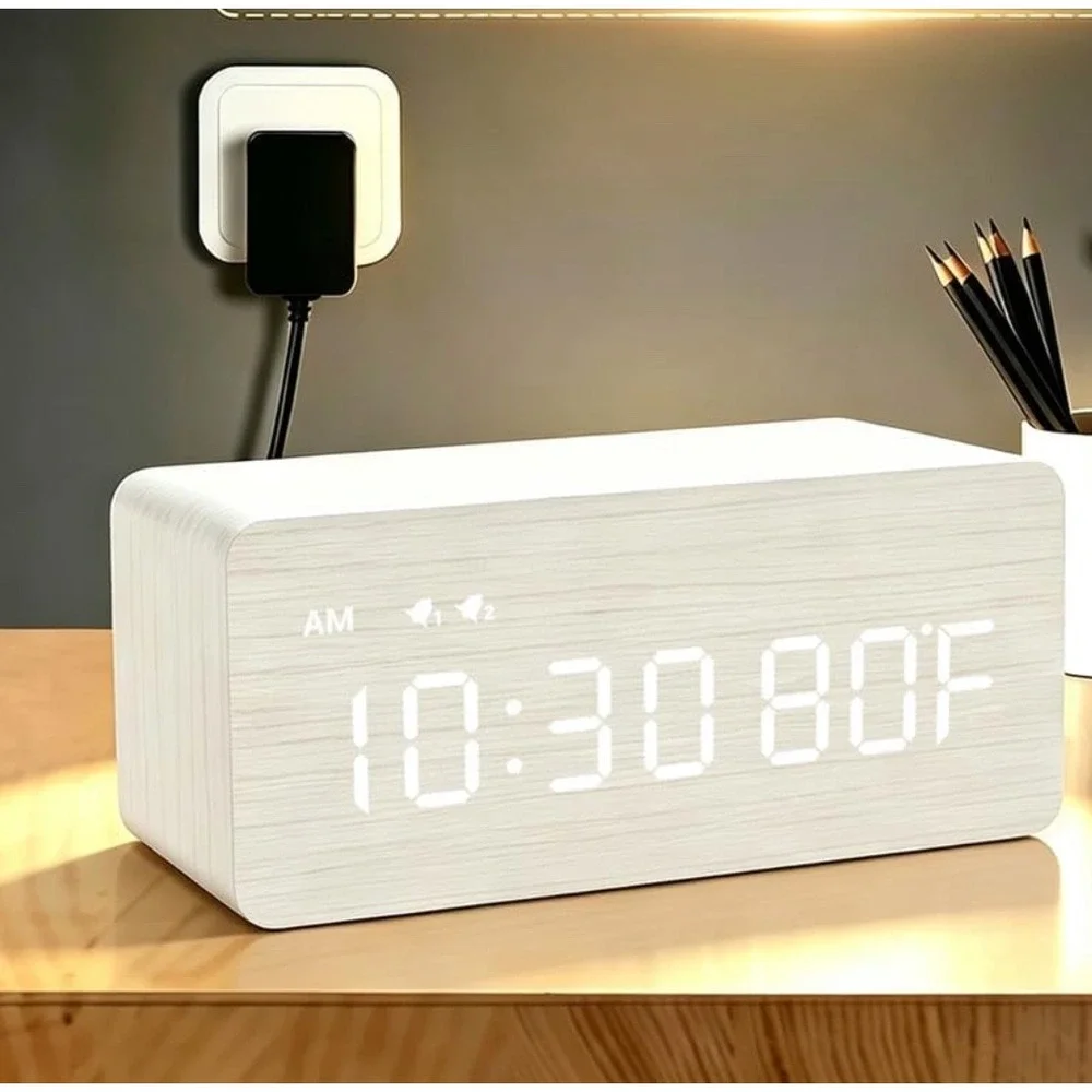Nicetwo W1299 Digital Alarm Clock White Wood Grain Minimalist Modern Bedside